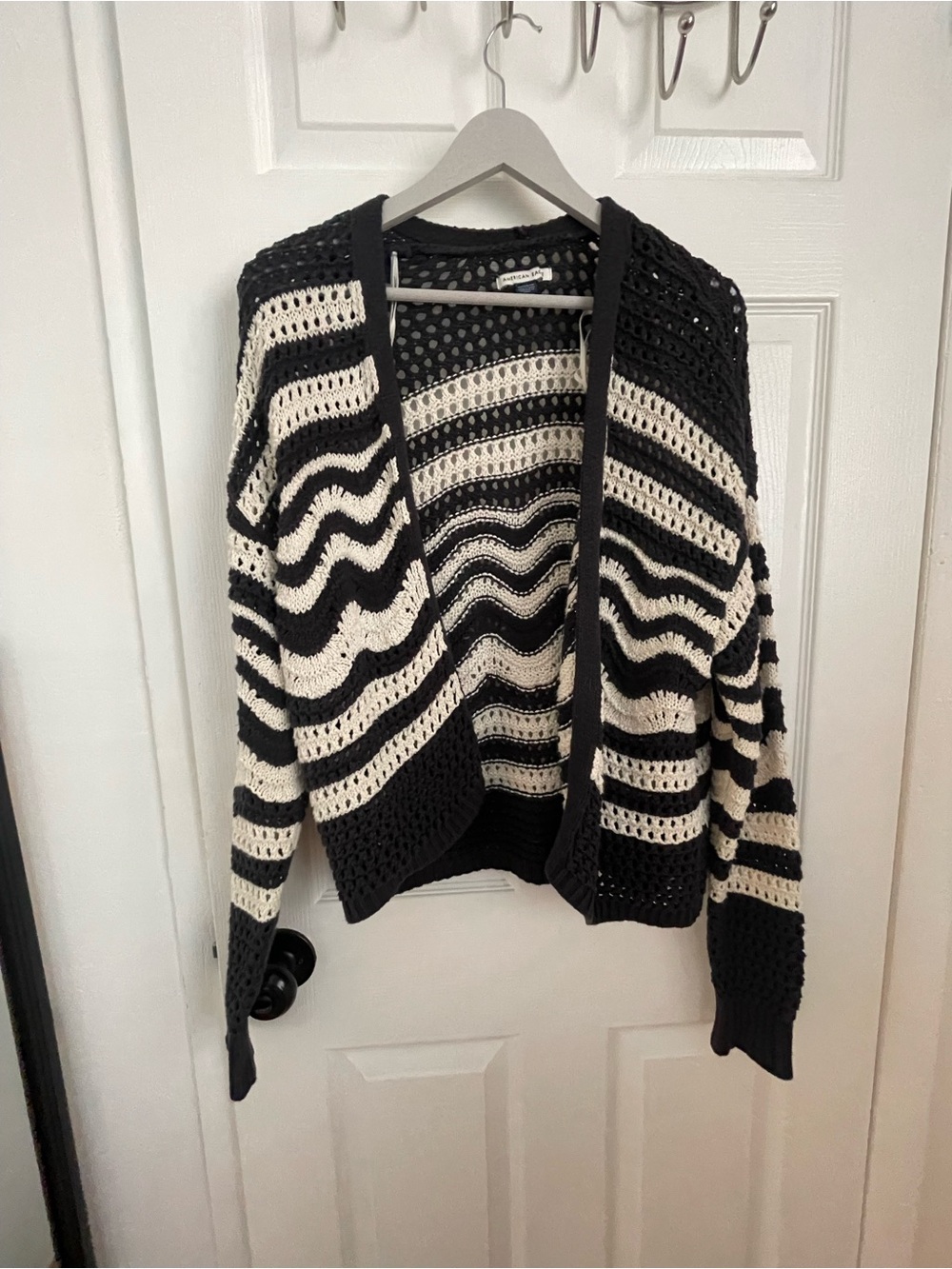 American Eagle Outfitters Black and Cream Striped Open-Front Cardigan